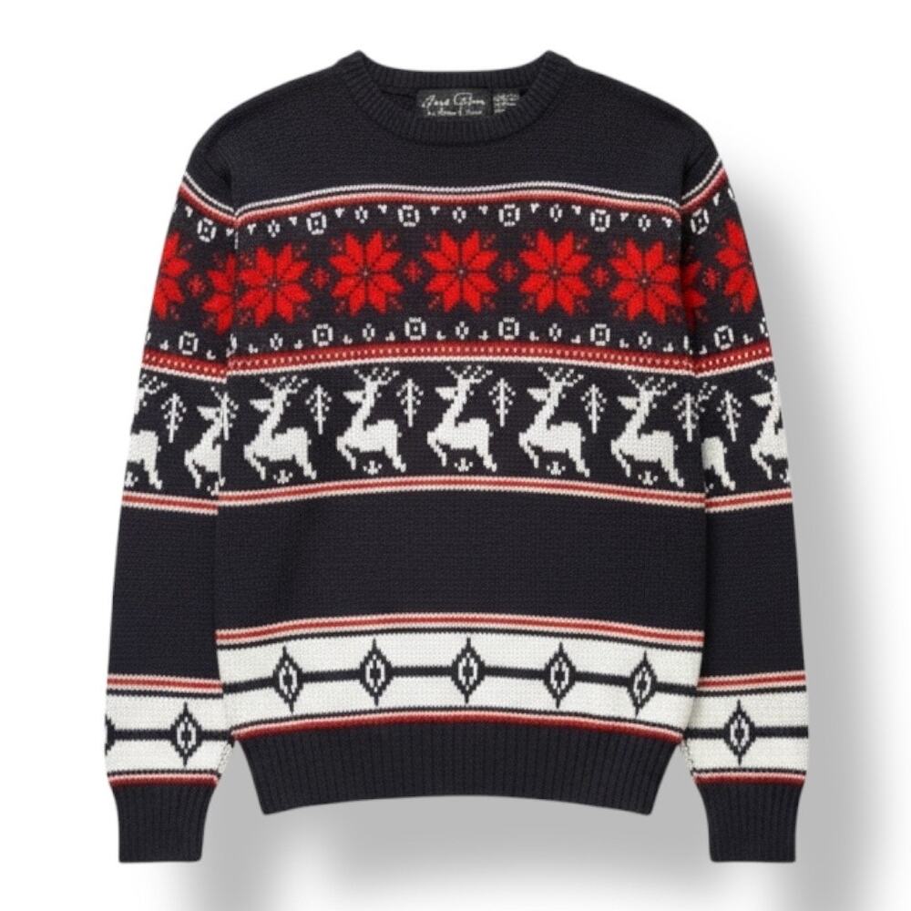 Vintage Reindeer Fair Isle Sweater Black Knit Unisex Crewneck Preppy Festive